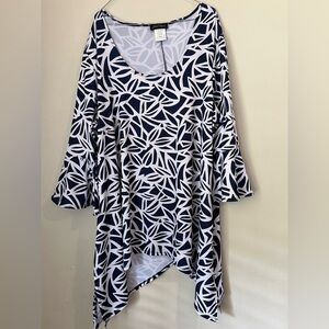 Navy and White Leaf Print Women's Top